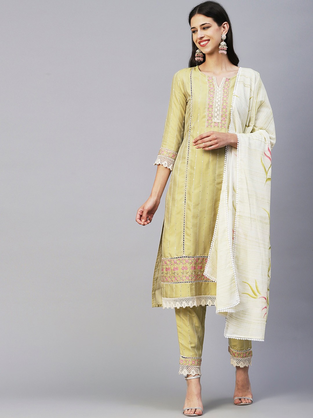 

FASHOR Green & Pink Embroidered Notched Neck Sequinned Kurta With Trousers & Dupatta