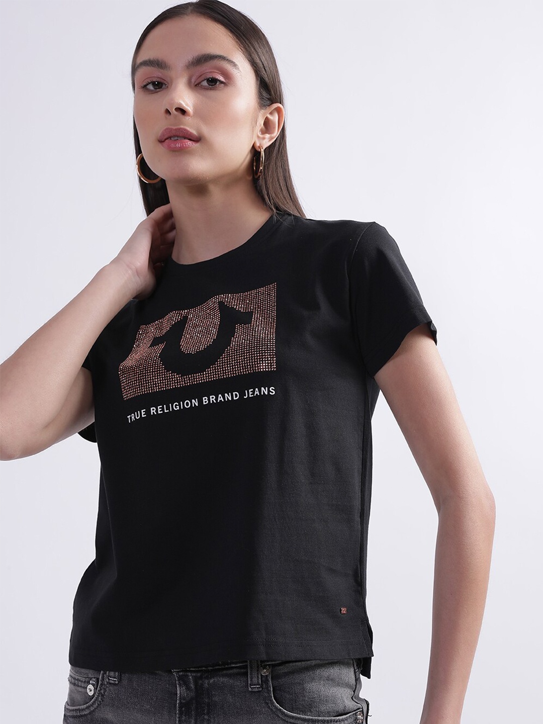 

True Religion Women Printed Cotton T-shirt, Black