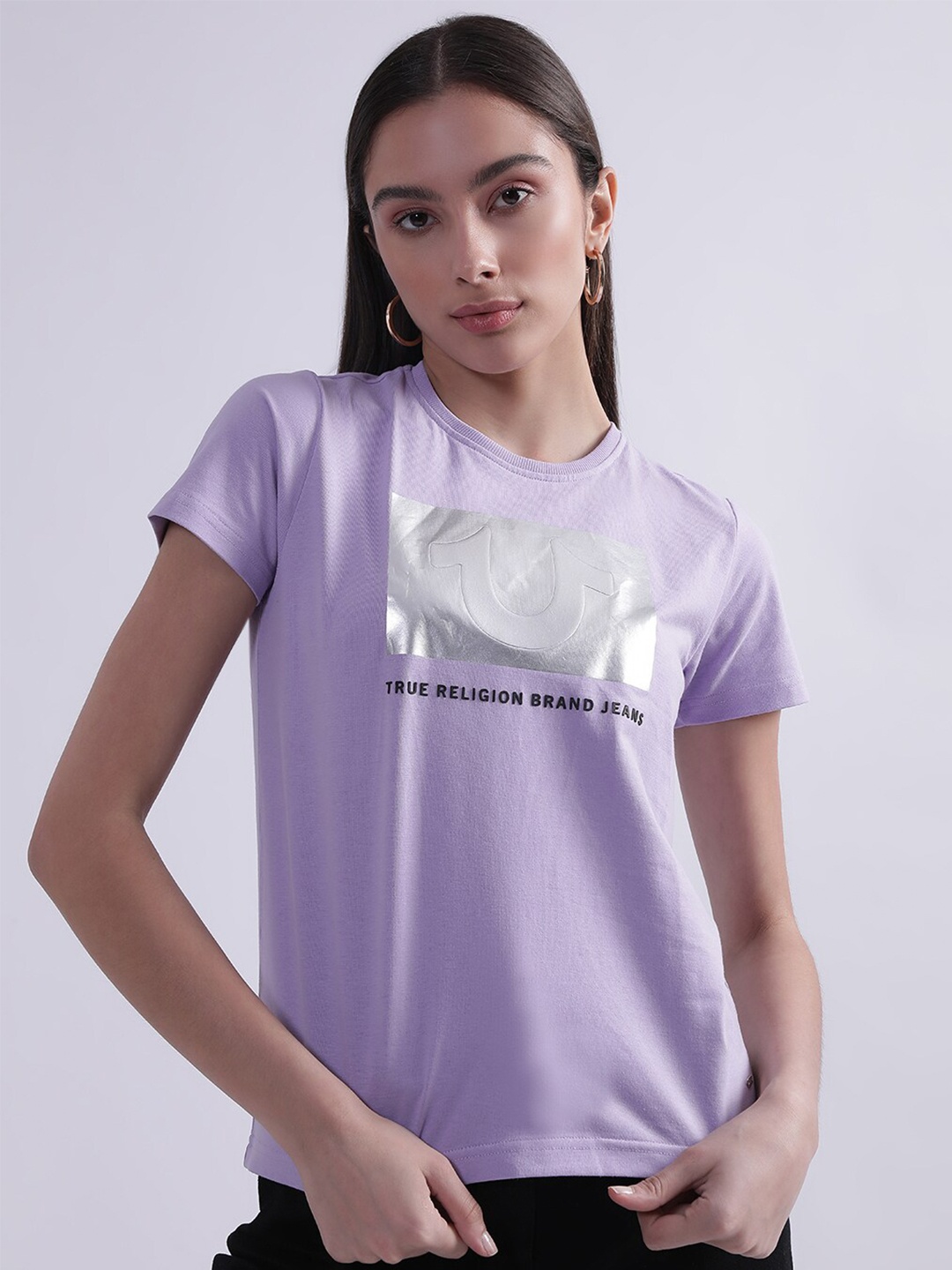 

True Religion Women Typography Printed Cotton T-shirt, Lavender