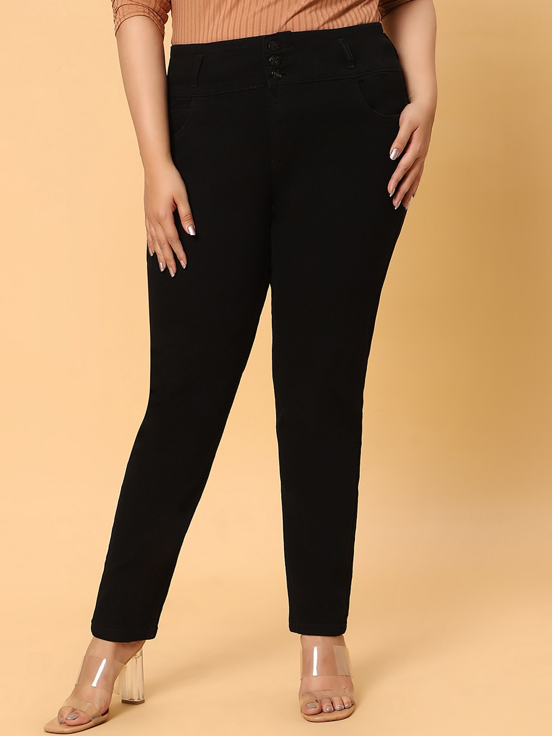 

HJ HASASI Women High-Rise Slim Fit Clean Look Cotton Jeans, Black