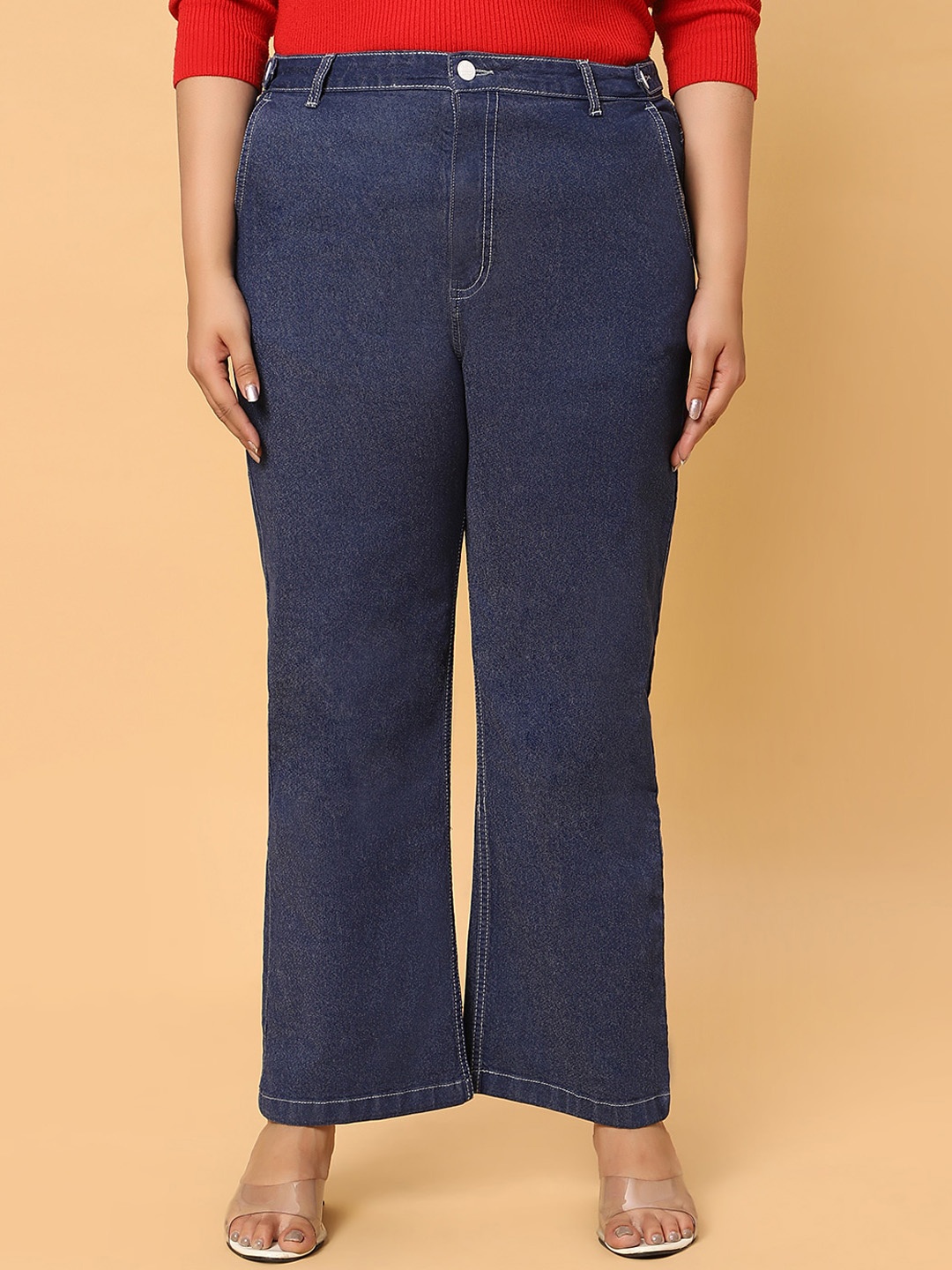 

HJ HASASI Women Wide Leg High-Rise Clean Look Cotton Jeans, Blue