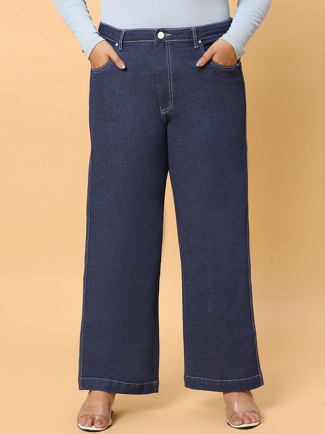 

HJ HASASI Women Wide Leg High-Rise Clean Look Cotton Jeans, Blue