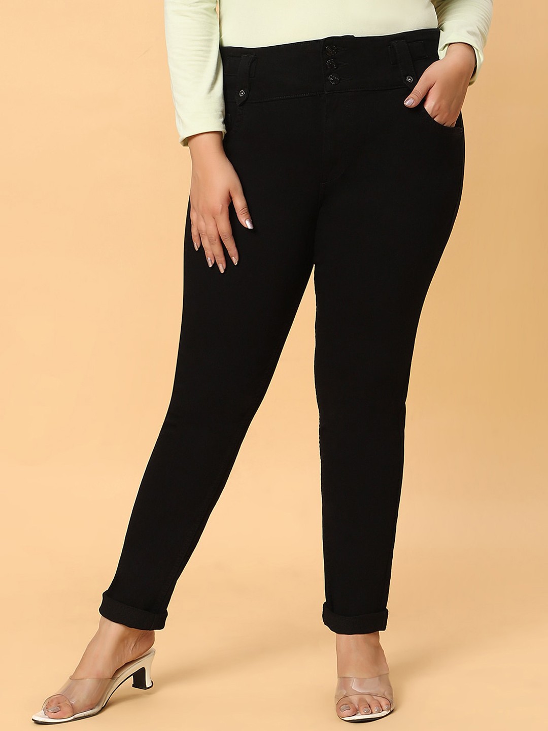 

HJ HASASI Women High-Rise Clean Look Slim Fit Cotton Jeans, Black