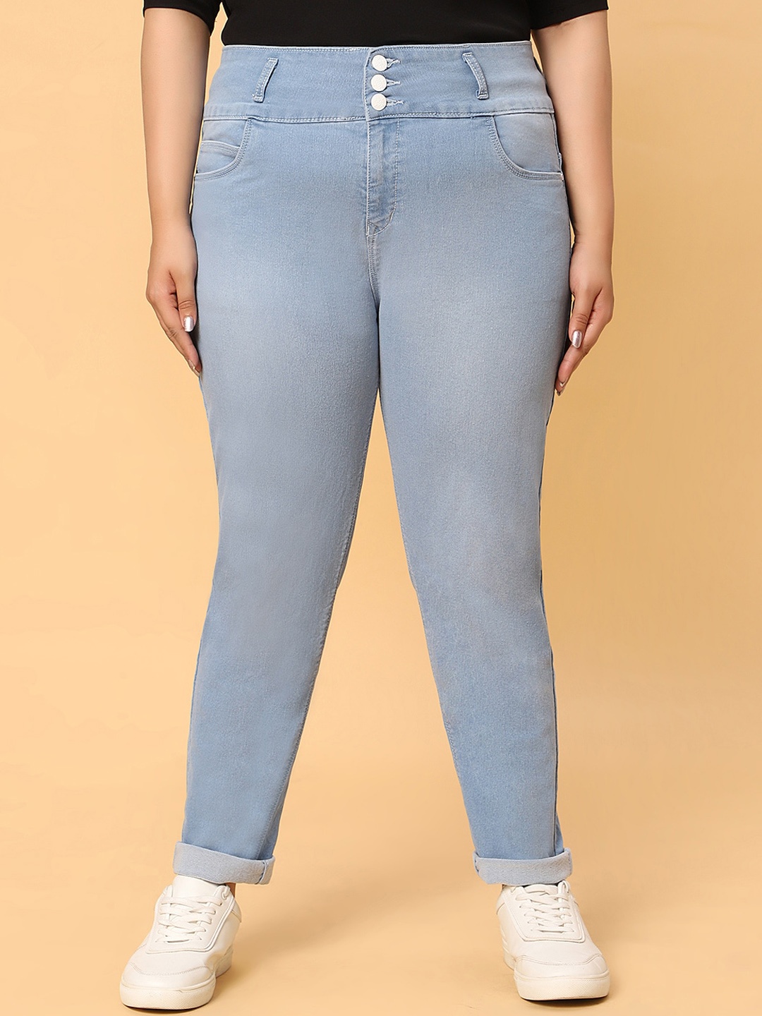 

HJ HASASI Women High-Rise Light Fade Slim Fit Cotton Jeans, Blue