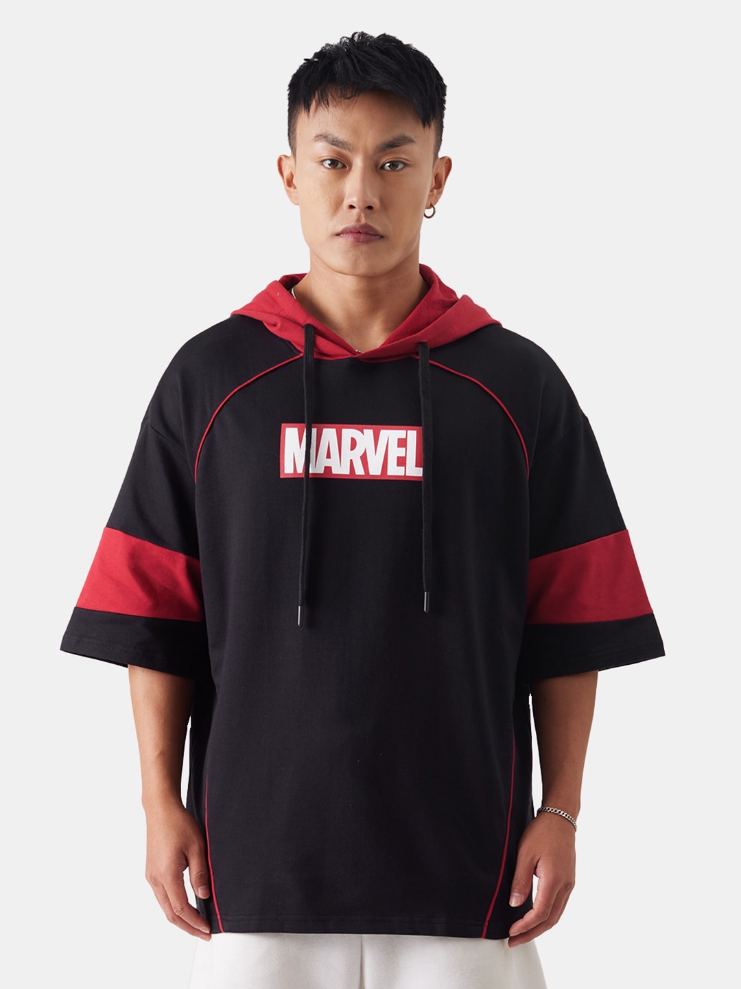 

The Souled Store Black Marvel Printed Hooded Pure Cotton Oversized T-shirt