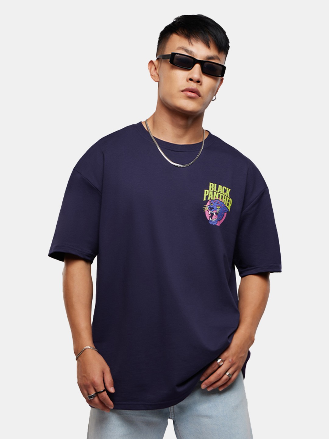 

The Souled Store Navy Blue Black Panther Printed Pure Cotton Oversized T-shirt