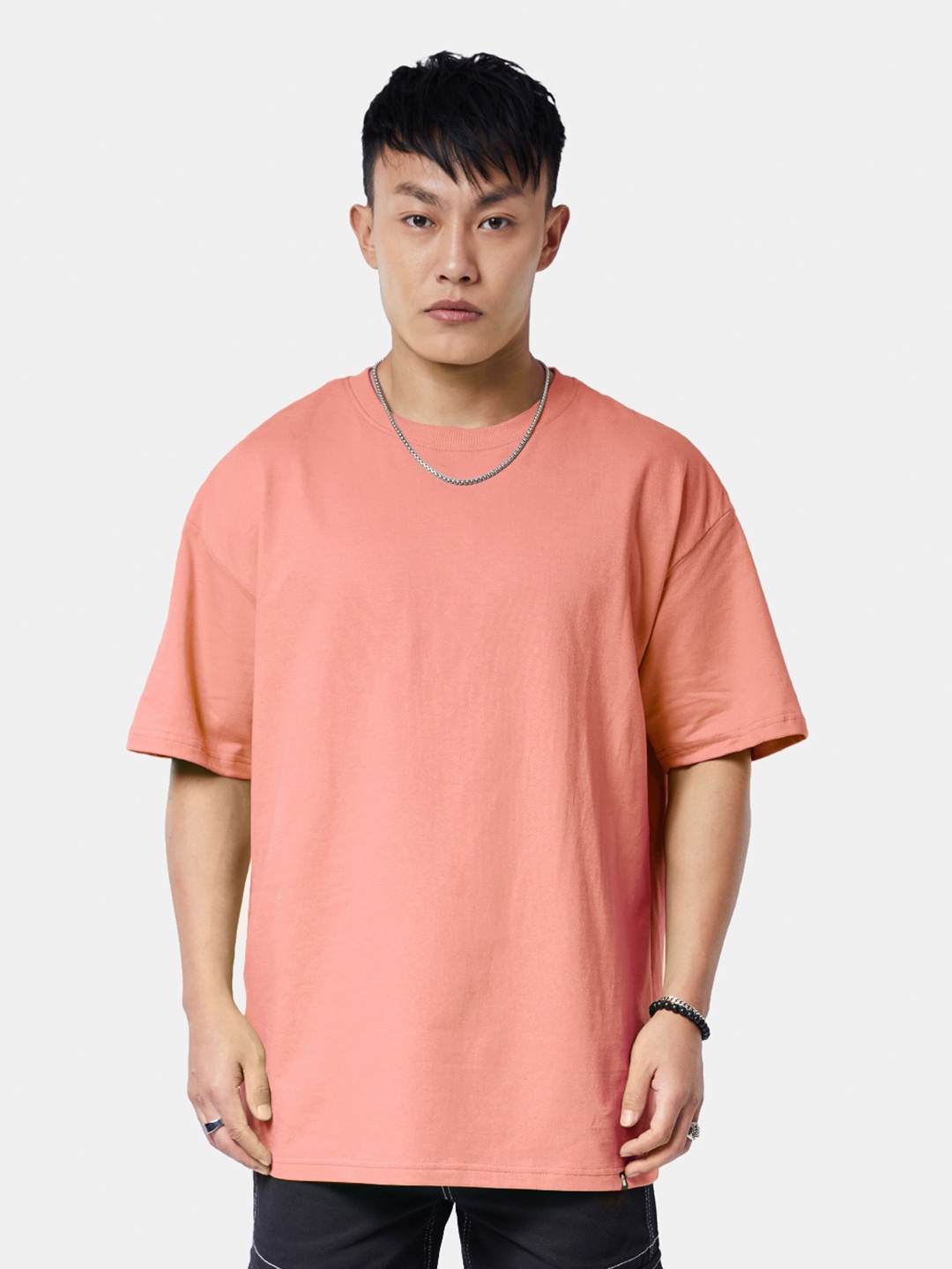 

The Souled Store Peach Round Neck Drop-Shoulder Oversized T-shirt