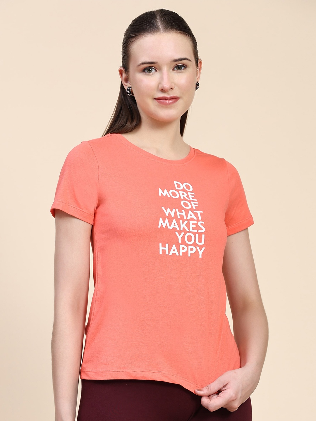 

Outflits Typography Printed Round Neck Cotton T-shirt, Coral