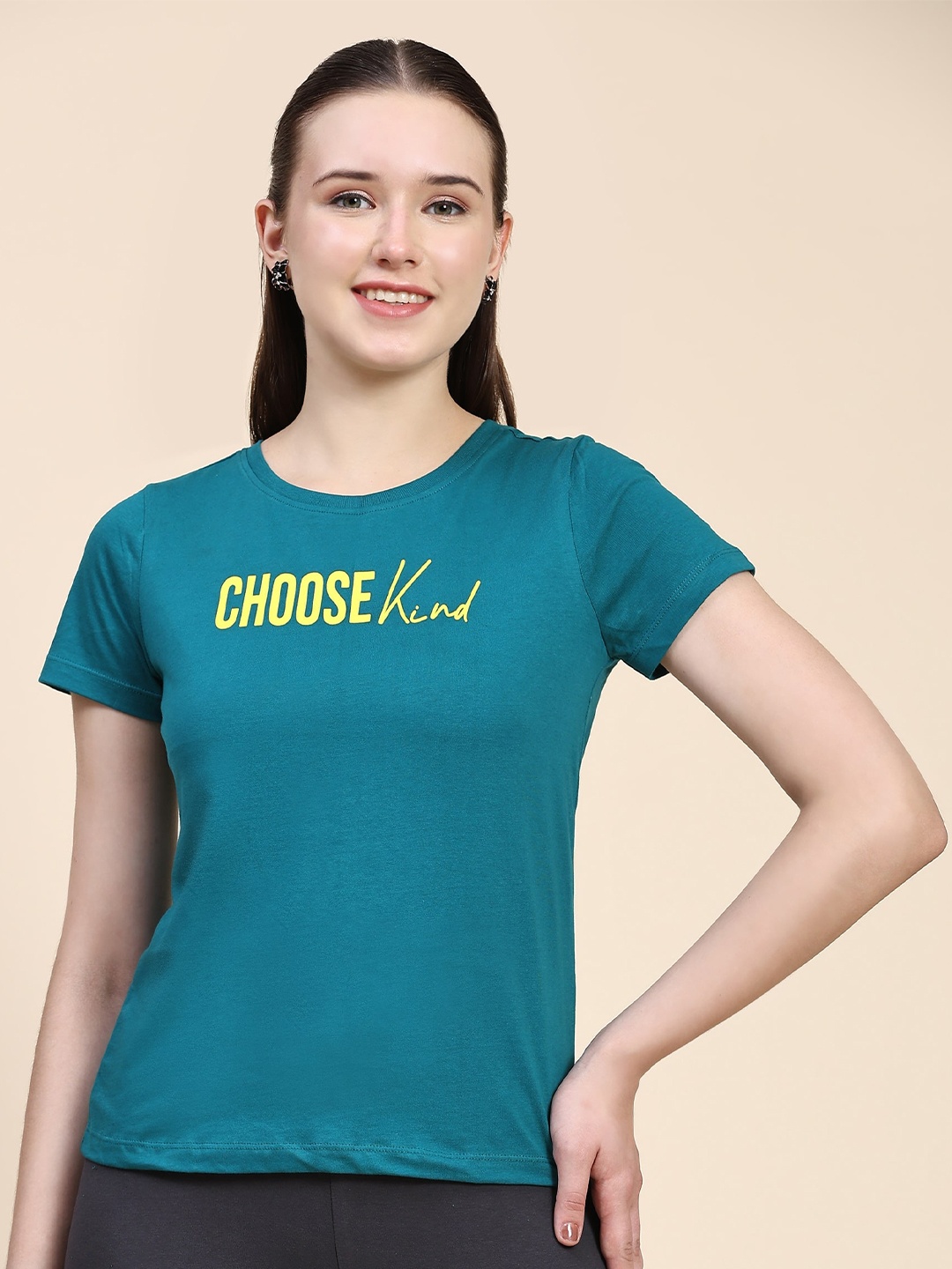 

Outflits Typography Printed Round Neck Cotton T-shirt, Teal