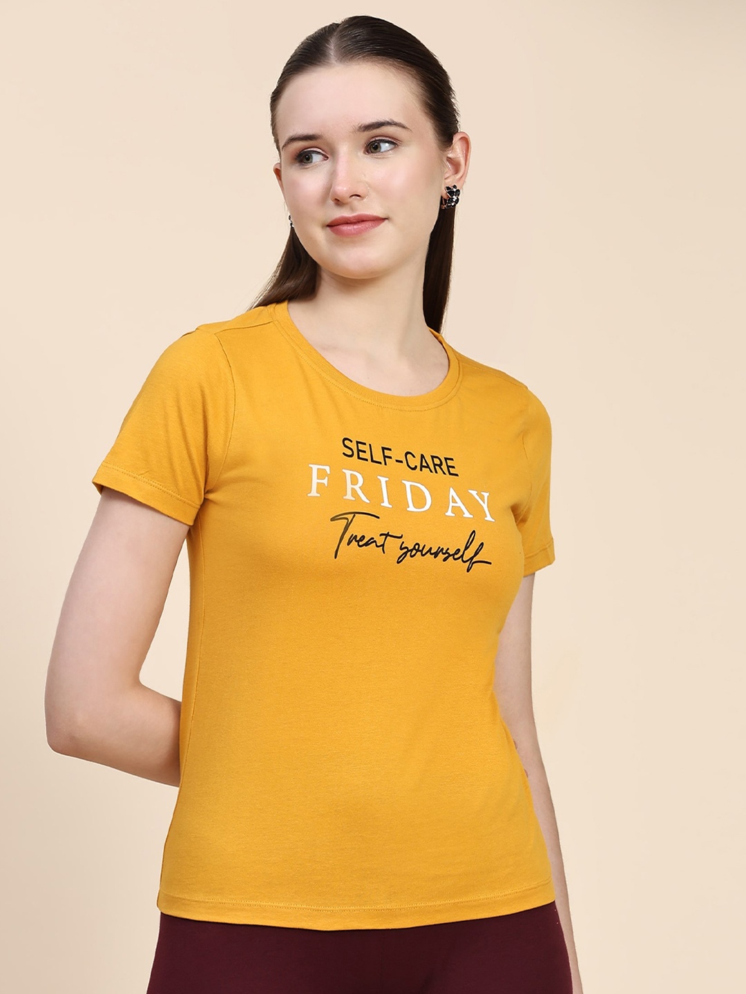 

Outflits Typography Printed Round Neck Cotton T-shirt, Mustard