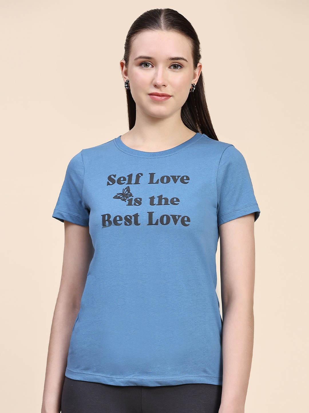 

Outflits Typography Printed Round Neck Cotton T-shirt, Blue
