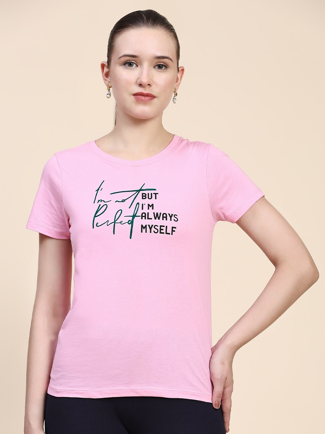 

Outflits Typography Printed Round Neck Cotton T-shirt, Pink