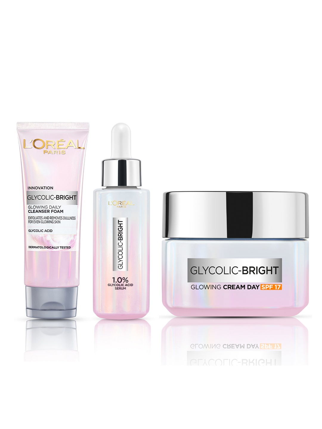 

LOreal Paris Set of Glycolic Bright Day Cream 15ml + Daily Cleanser 50ml + Face Serum 15ml, Pink