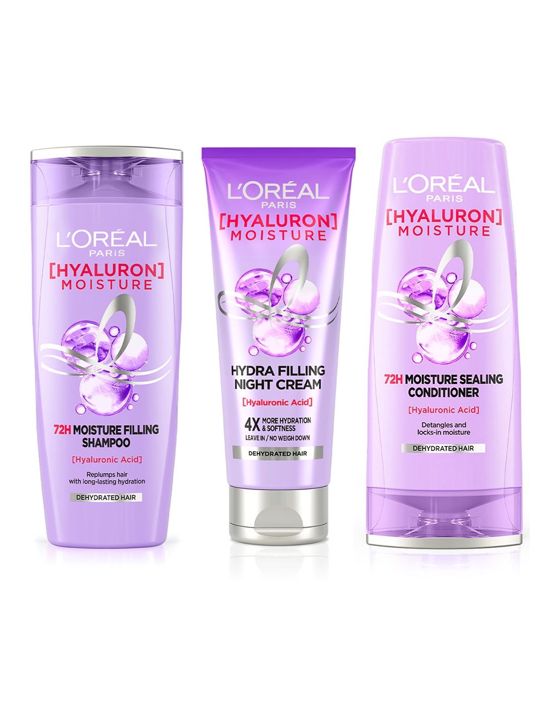 

LOreal Paris Set of Hyaluron Moisture Shampoo 180ml + Conditioner 71.5ml + HairCream 180ml, Purple