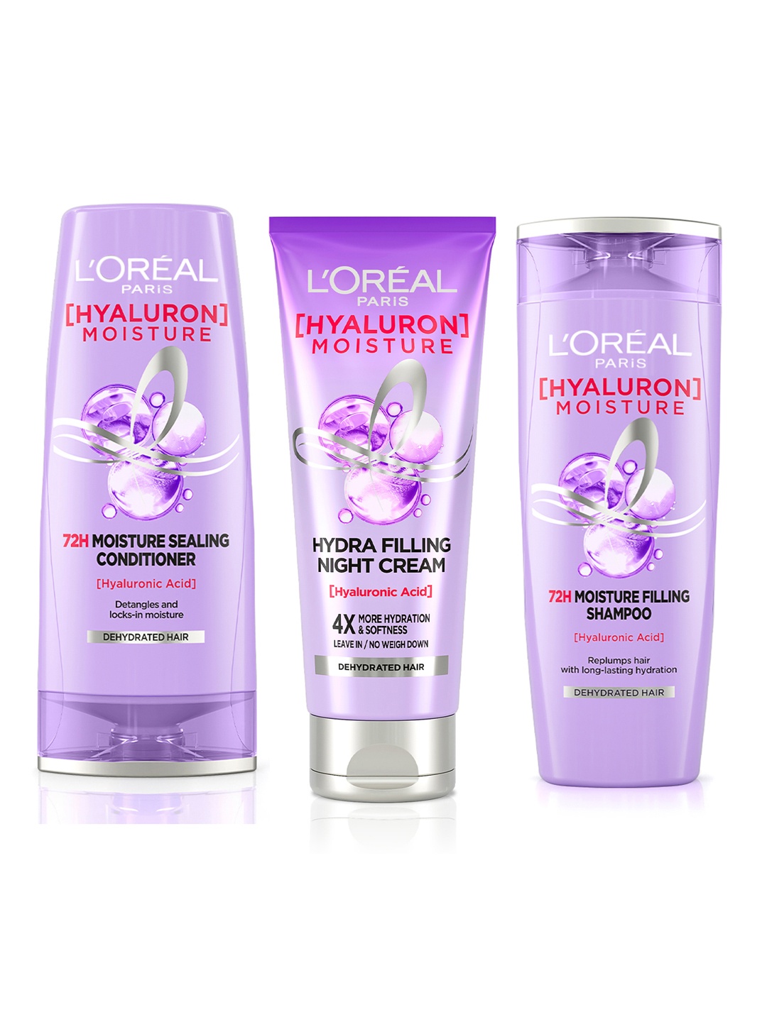 

LOreal Paris Set of Hyaluron Moisture Shampoo 340ml + Conditioner 180ml + Hair Cream 180ml, Purple