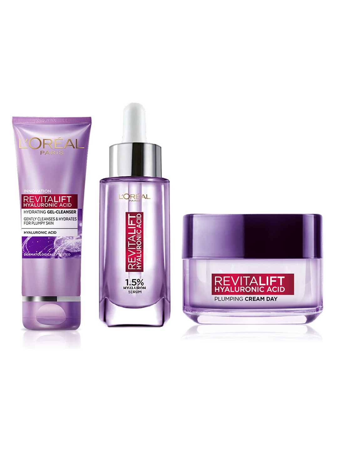 

LOreal Paris Set of Revitalift Face Serum 15ml + Day Cream 15ml + Gel Cleanser 50ml, Purple