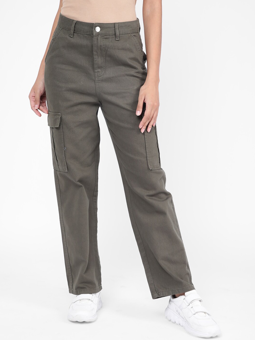 

R&B Women Mid Rise Cotton Cargo Jeans, Olive