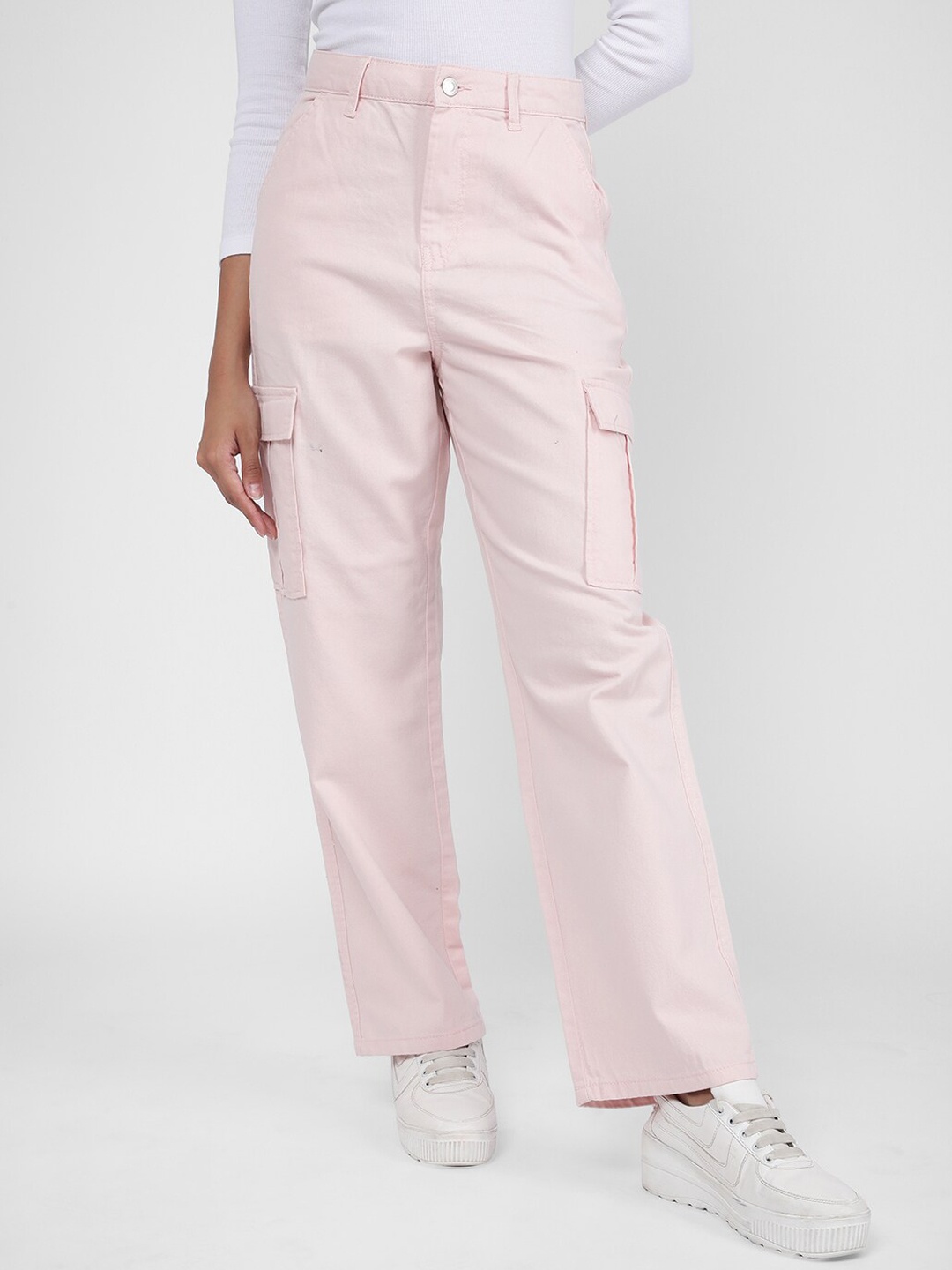 

R&B Women Mid-Rise Coloured Cotton Cargo Jeans, Pink