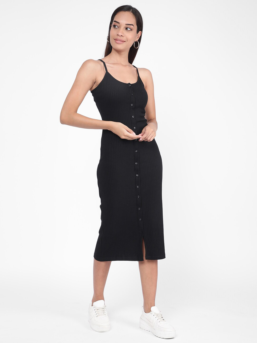 

R&B Shoulder Straps Striped Bodycon Dress, Black