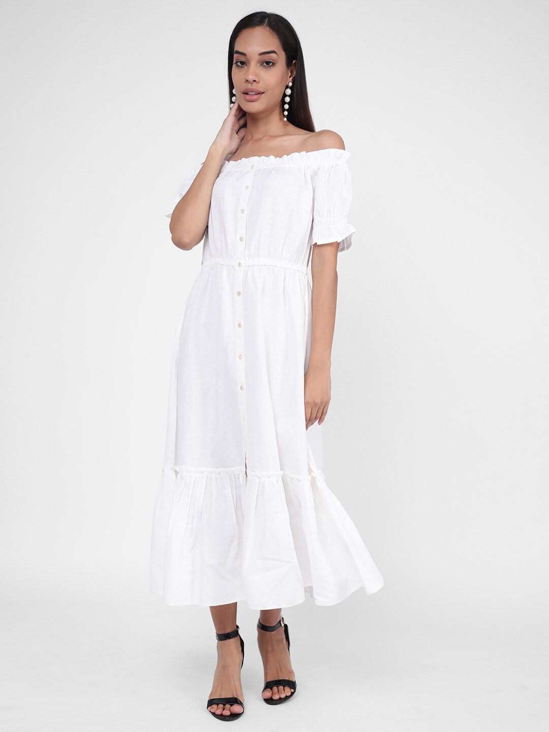 

R&B Off-Shoulder Fit & Flare Dress, White