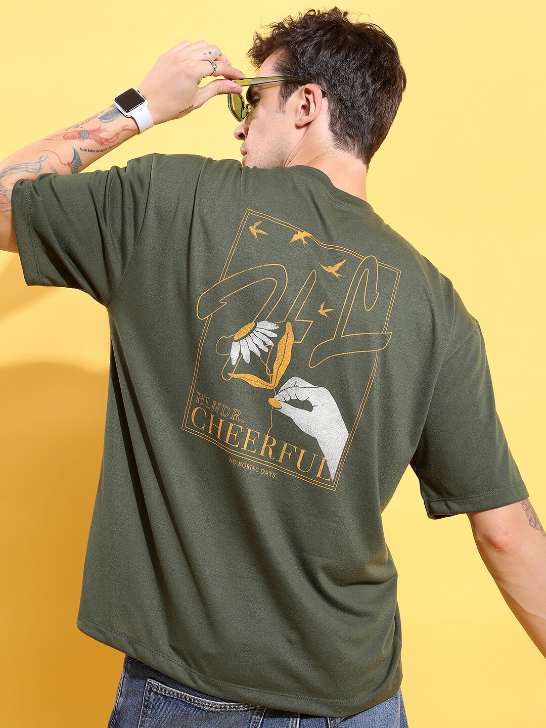 

HIGHLANDER Olive Green Typography Printed Oversized T-shirt