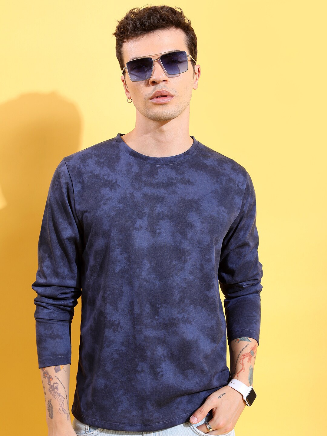 

HIGHLANDER Navy Blue Abstract Printed Long Sleeve Relaxed Fit T-shirt