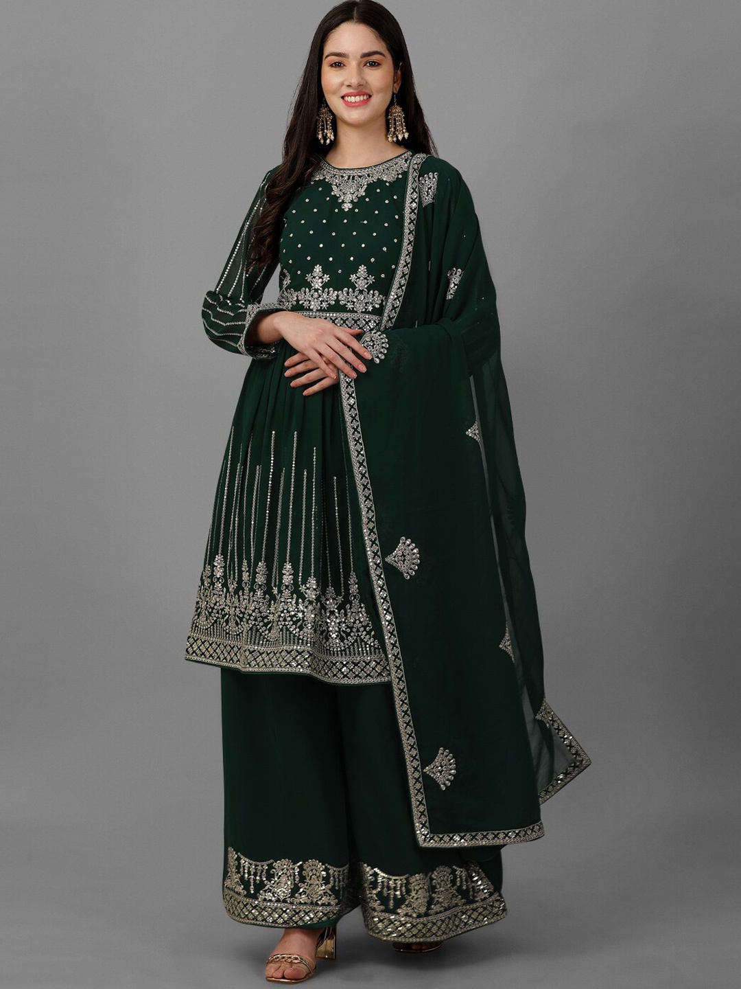 

Nivah Fashion Ethnic Motifs Embroidered Sequined Anarkali Kurta with Sharara & Dupatta, Green