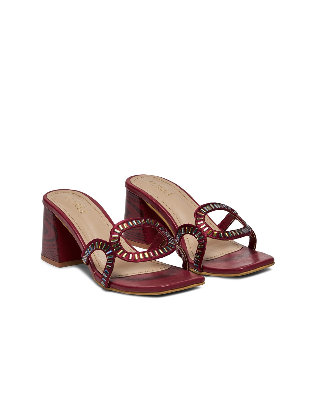 

FORLI Textured Party Open Toe Block Heels, Maroon