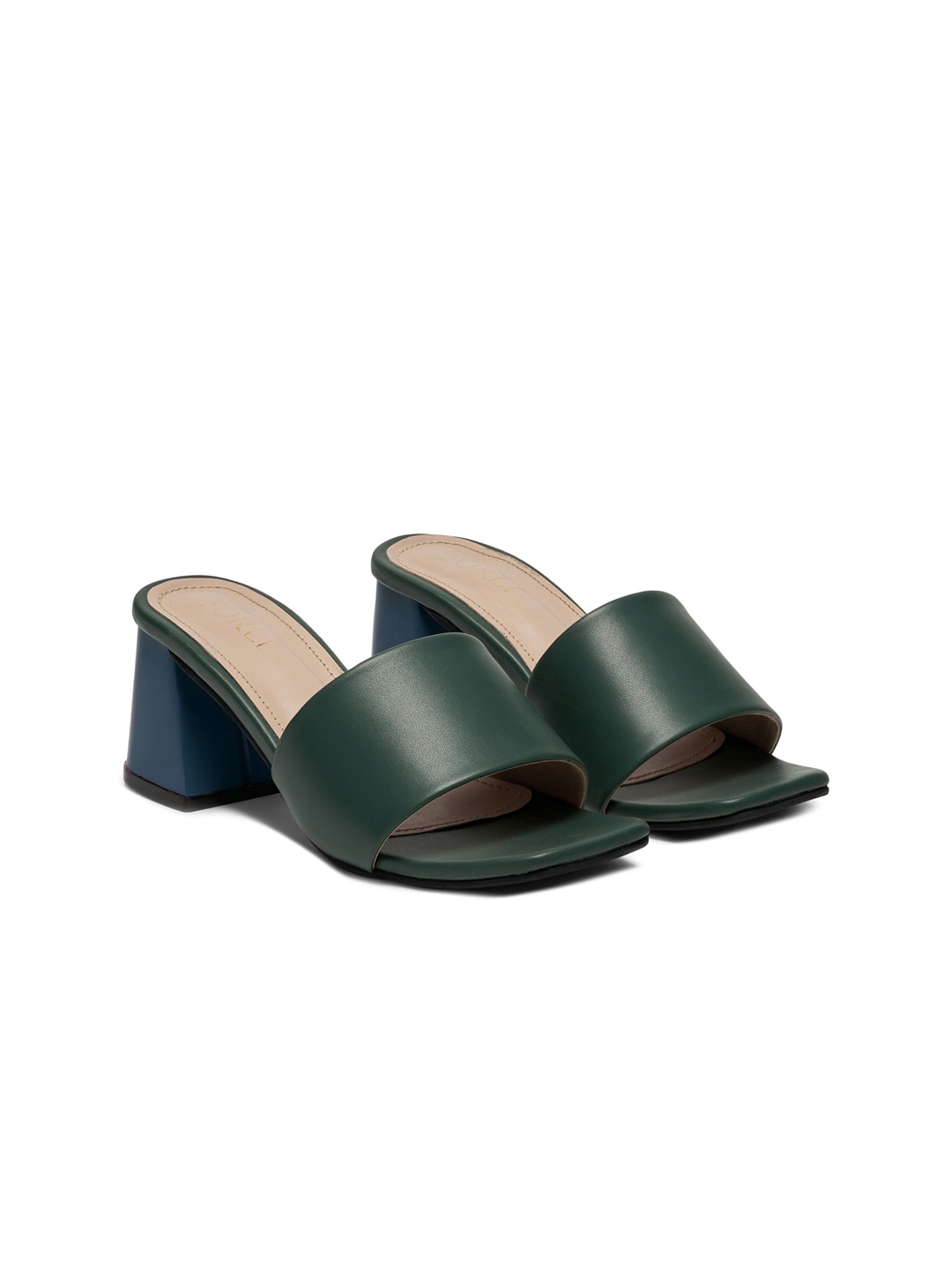 

FORLI Synthetic Leather Open Back Block Sandals, Green