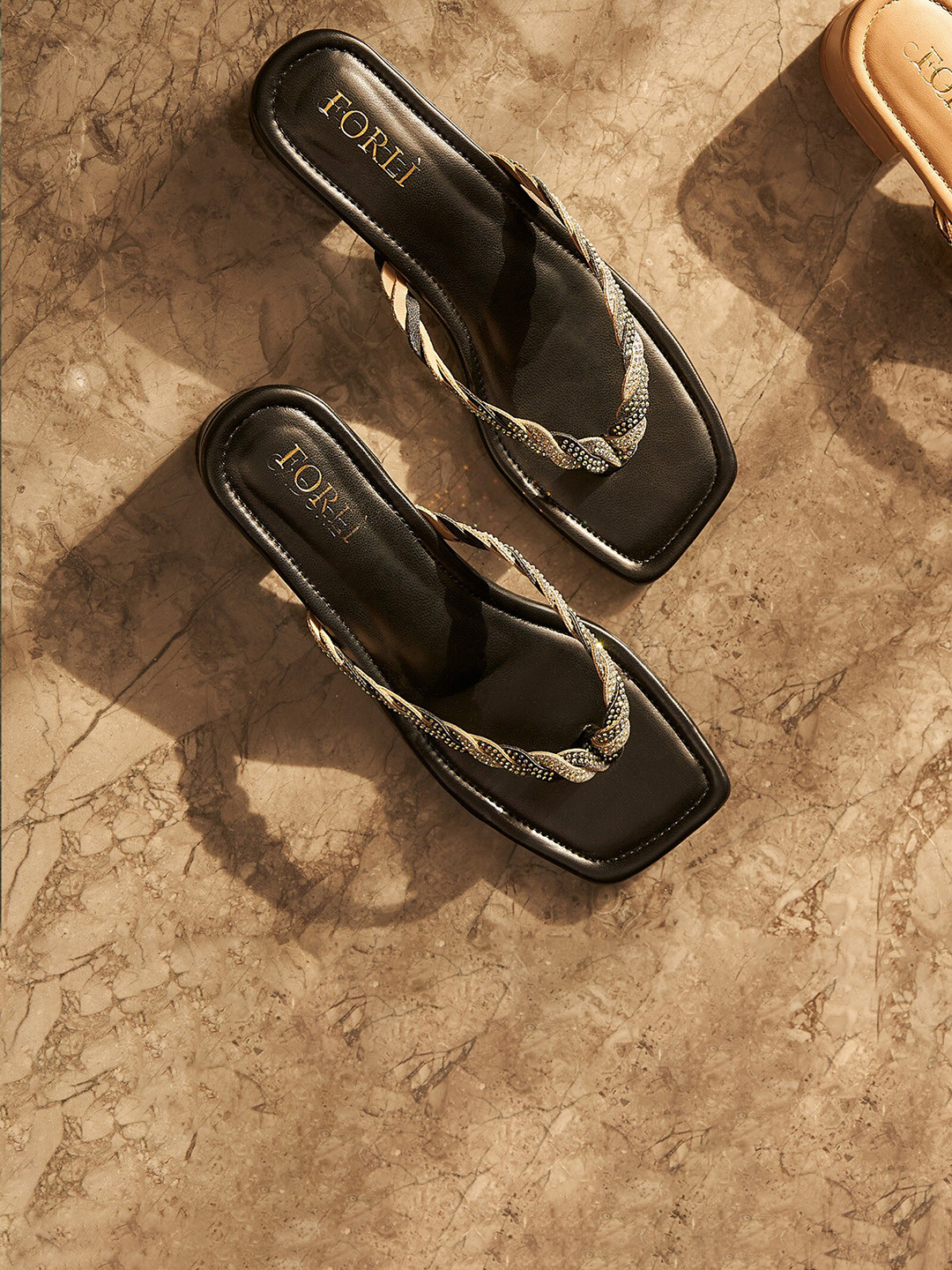 

FORLI Embellished Open Toe Block Sandals, Black