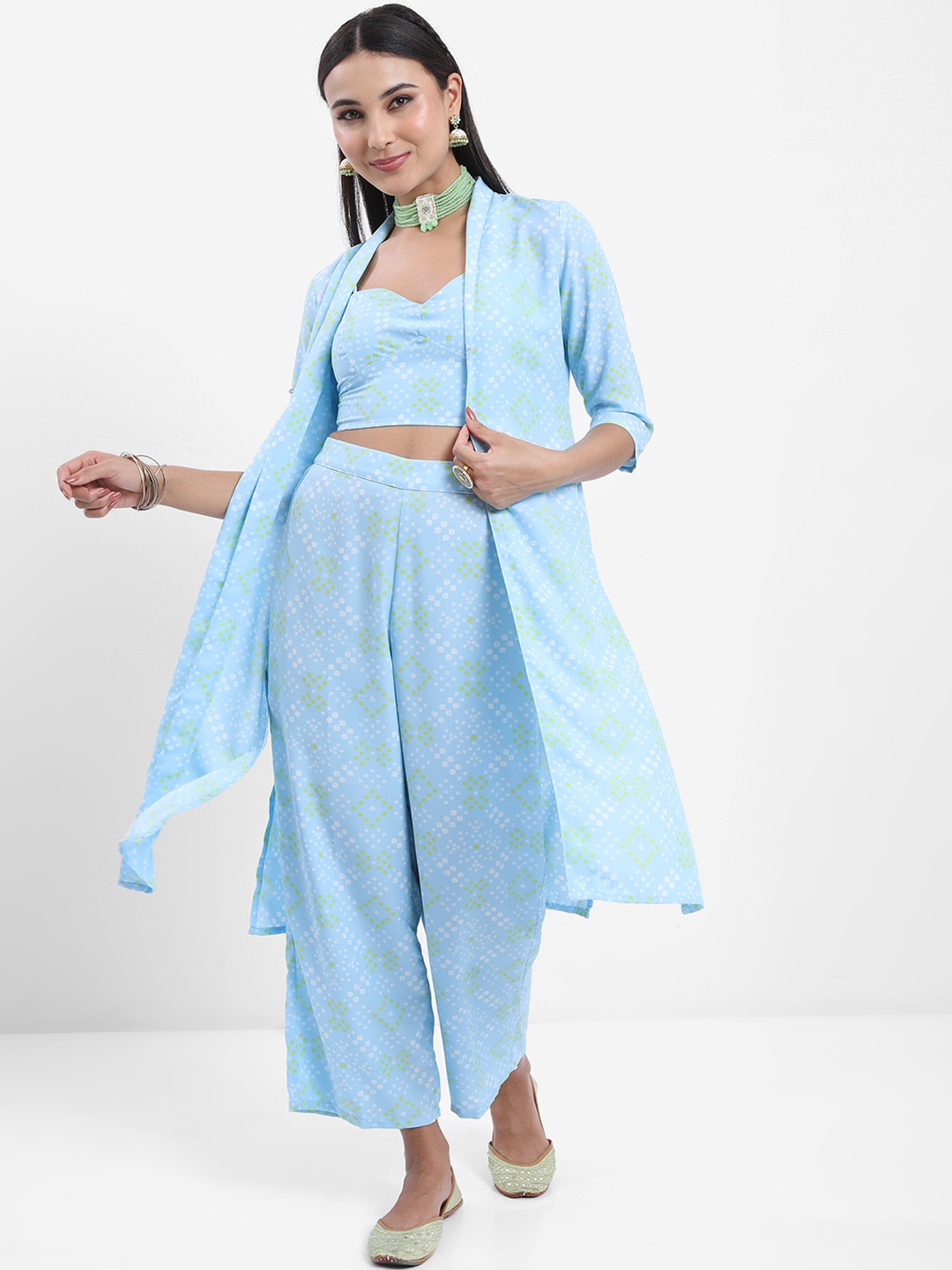 

Vishudh Blue & White Bandhani Printed Ethnic Top with Palazzos & Jacket