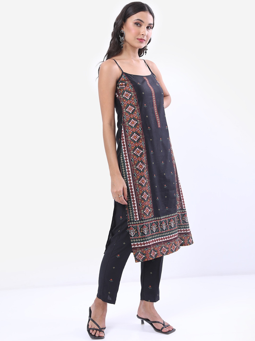 

Vishudh Black & Red Ethnic Motifs Printed Shoulder Straps Kurta With Trousers & Dupatta