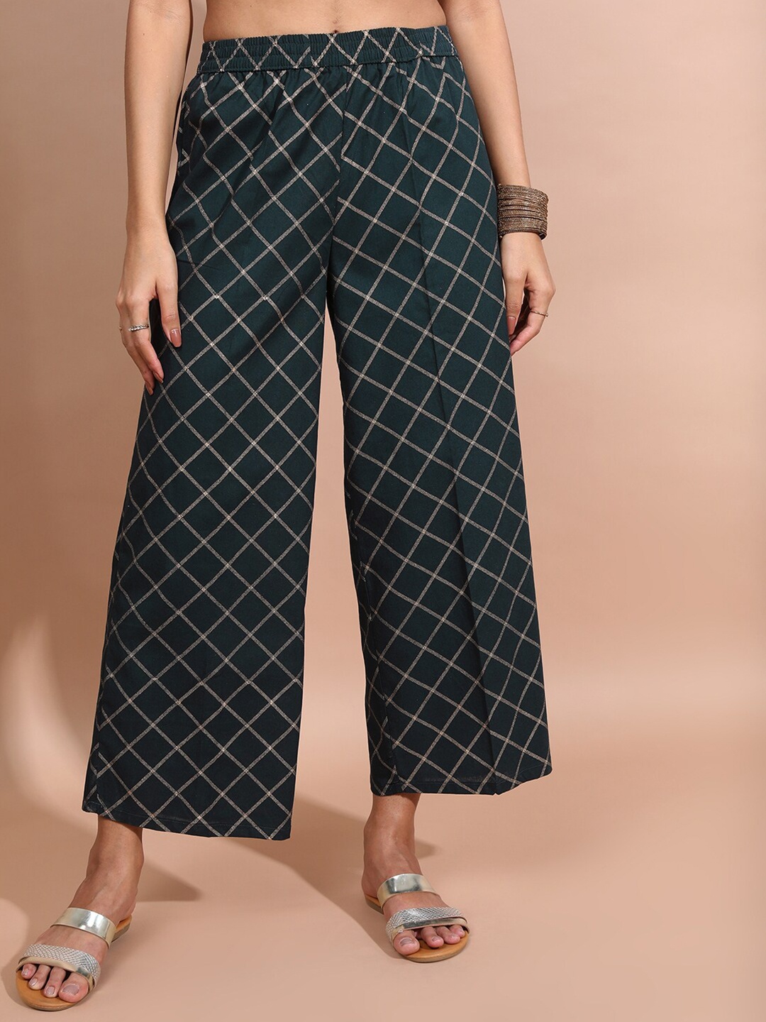 

Vishudh Women Checked Ethnic Cotton Palazzos, Green