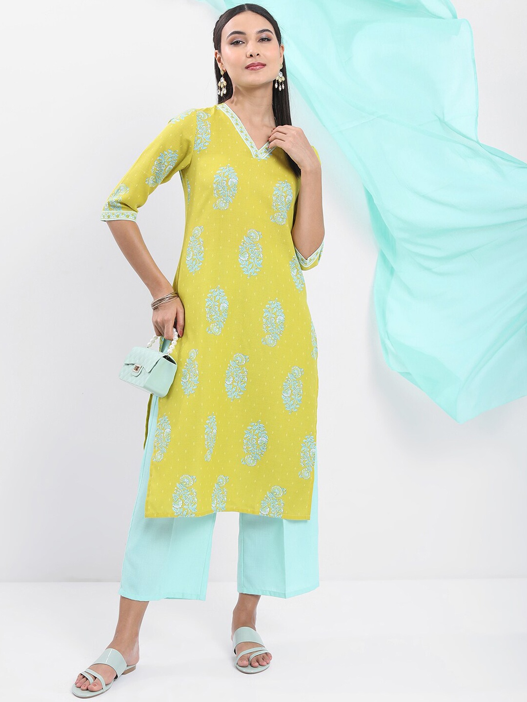 

Vishudh Lime Green & Blue Floral Printed V Neck Kurta With Palazzos & Dupatta