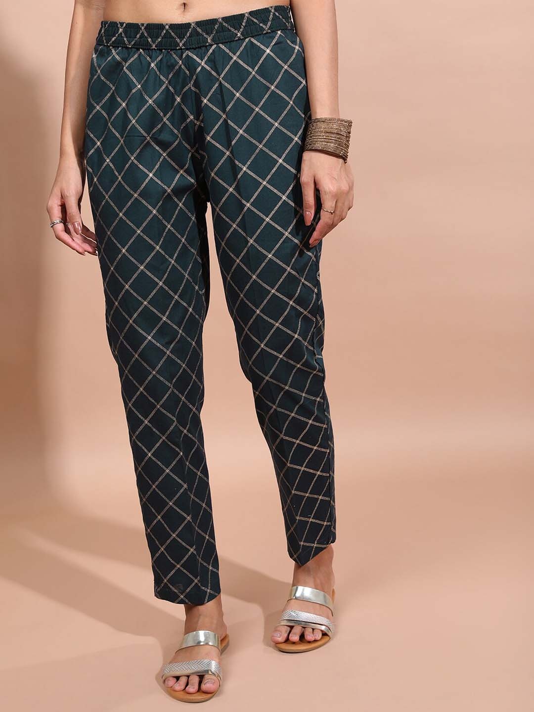 

Vishudh Women Mid-Rise Tapered Fit Checked Peg Trousers, Green