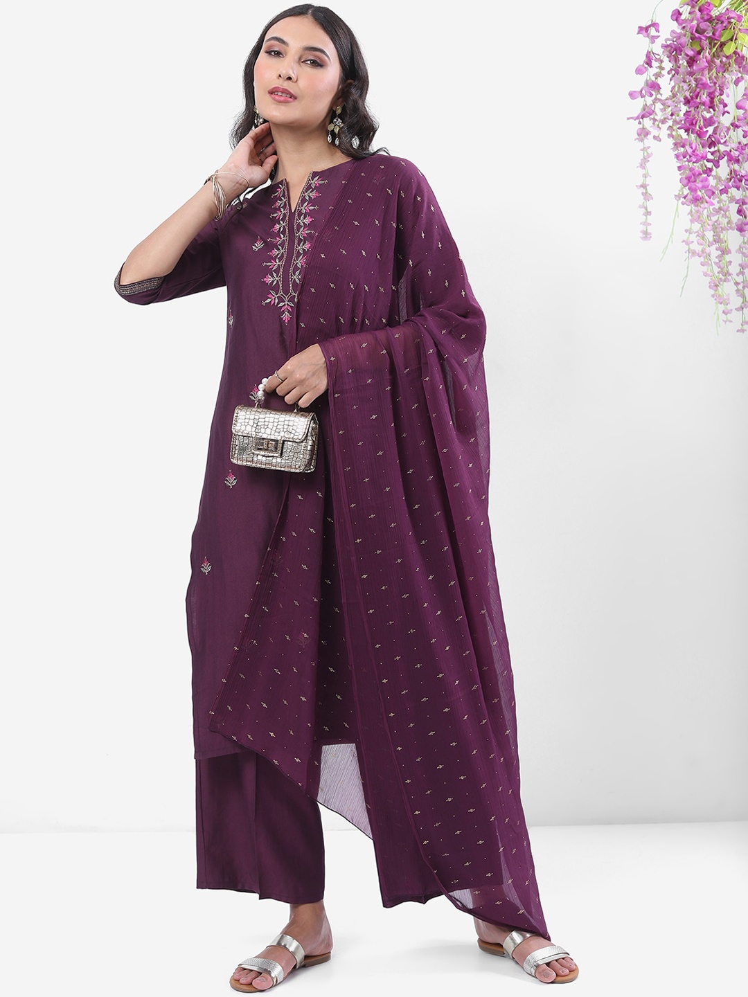 

Vishudh Purple & Pink Floral Embroidered Notched Neck Kurta With Palazzos & Dupatta