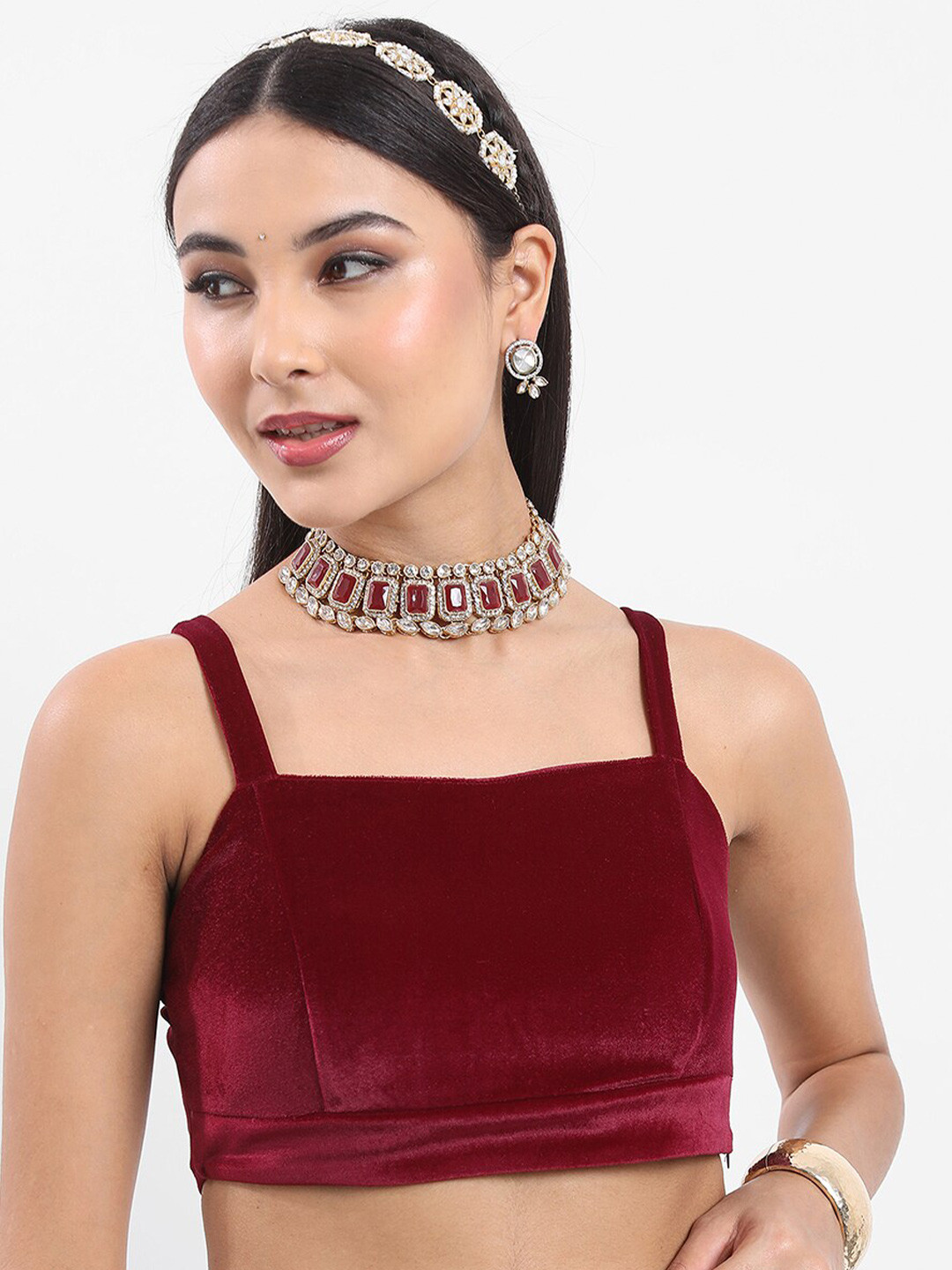 

Vishudh Maroon Shoulder Straps Velvet Bralette Crop Top