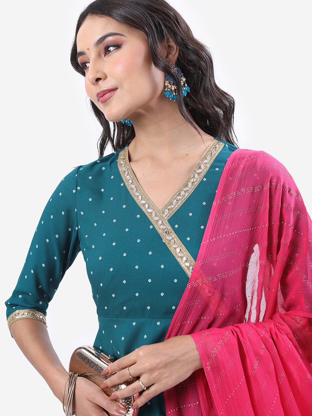 

Vishudh Teal Blue & Pink Ethnic Motifs Printed V Neck A-Line Kurta With Palazzos & Dupatta