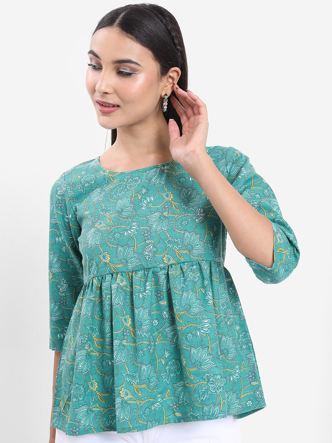 

Vishudh Turquoise Blue Floral Print Empire Top