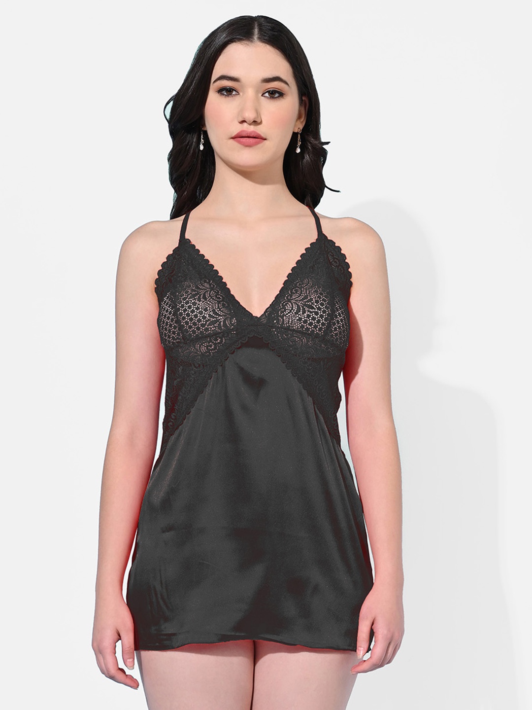 

StyFun Floral Lace Satin Baby Doll, Black