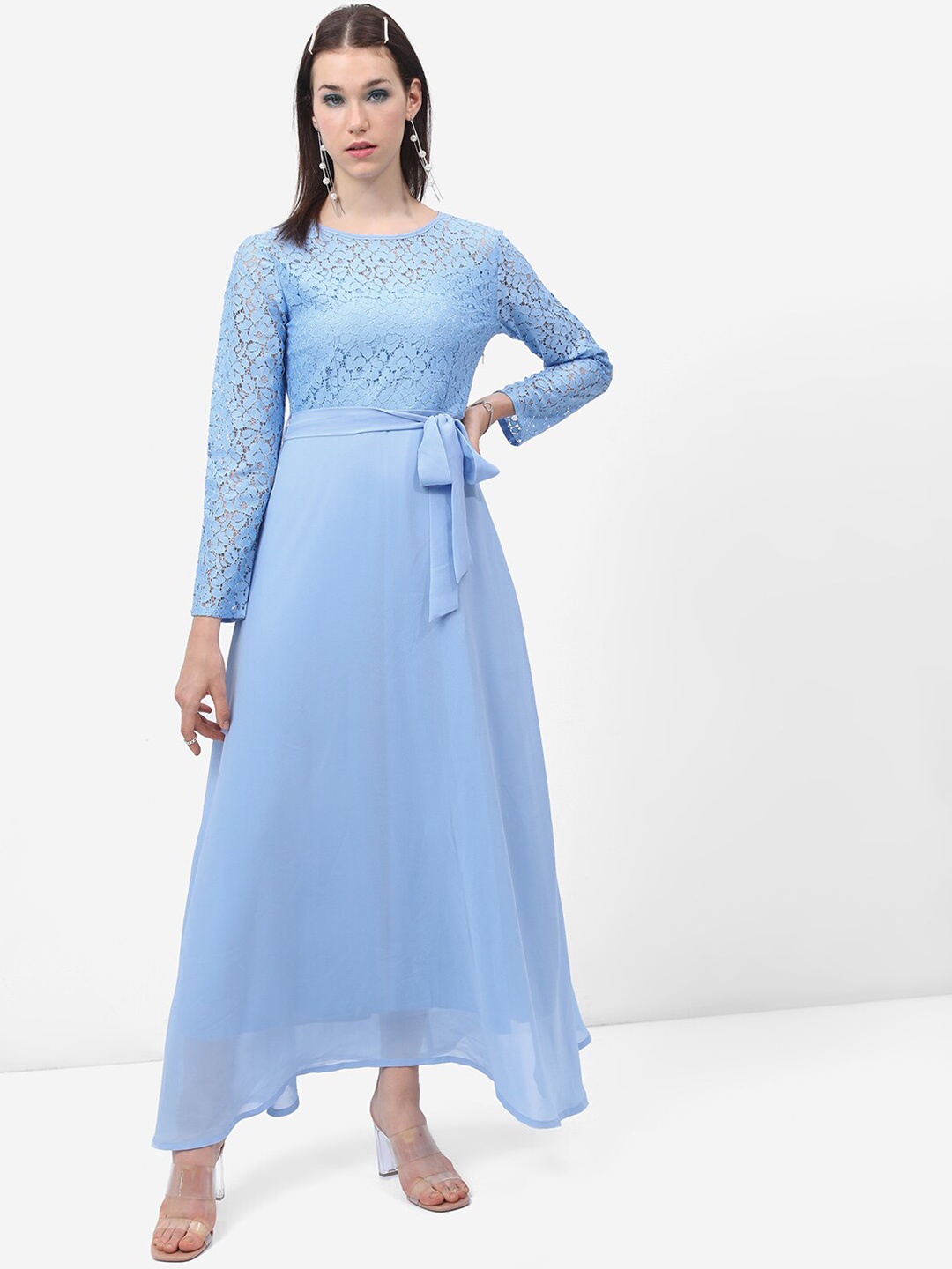 

Tokyo Talkies Blue Self Design Lace Fit & Flare Maxi Dress With Belt