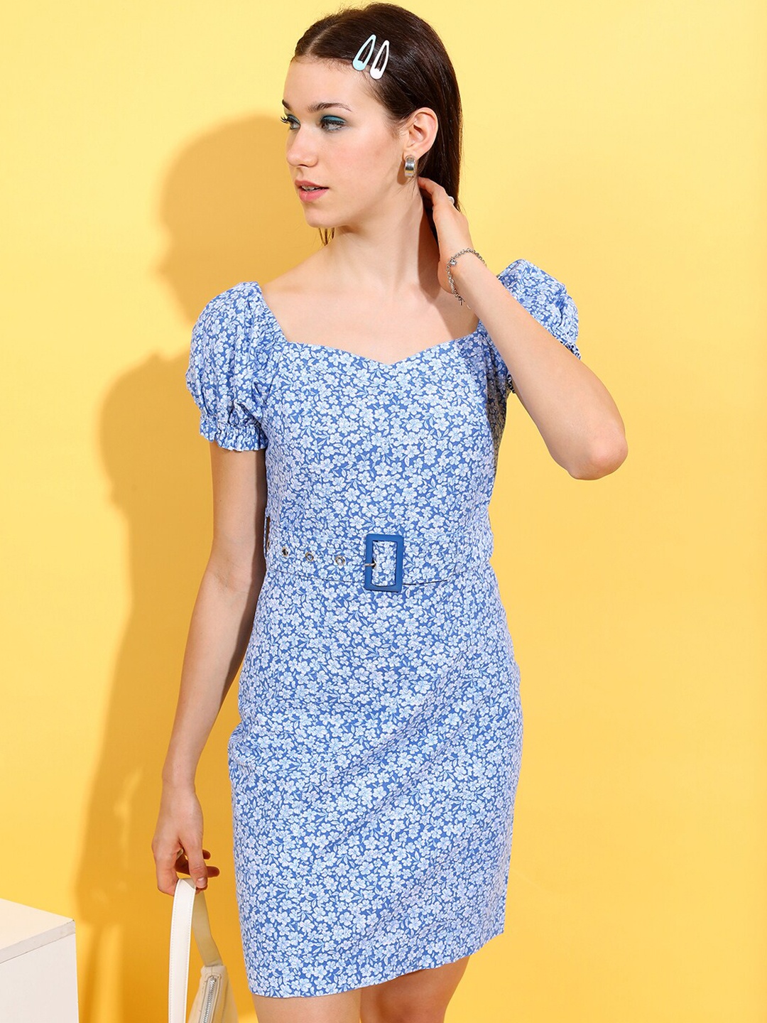 

Tokyo Talkies Blue Floral Printed Puff Sleeves Cotton Sheath Dress With Belt