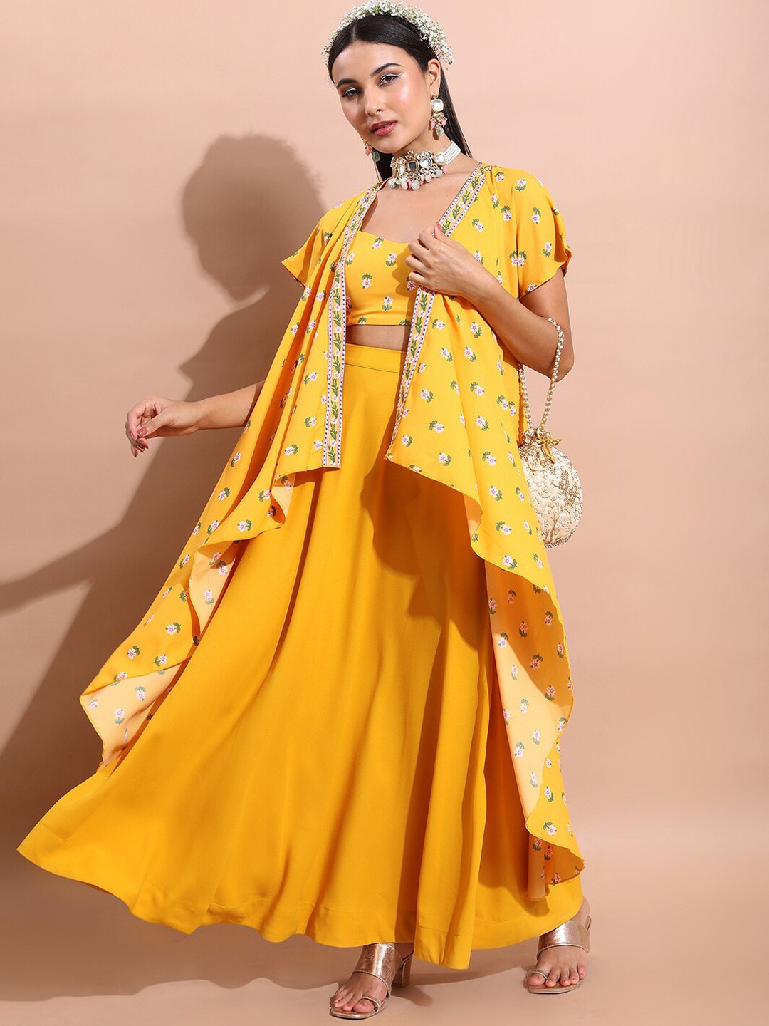 

Vishudh Mustard Yellow Floral Printed Ethnic Top with Palazzos & Jacket
