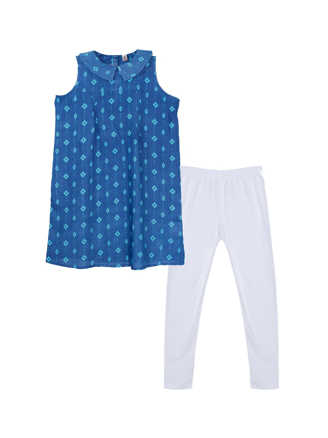 

KiddoPanti Girls Ethnic Motifs Printed Peter Pan Collar Kurta with Leggings, Blue