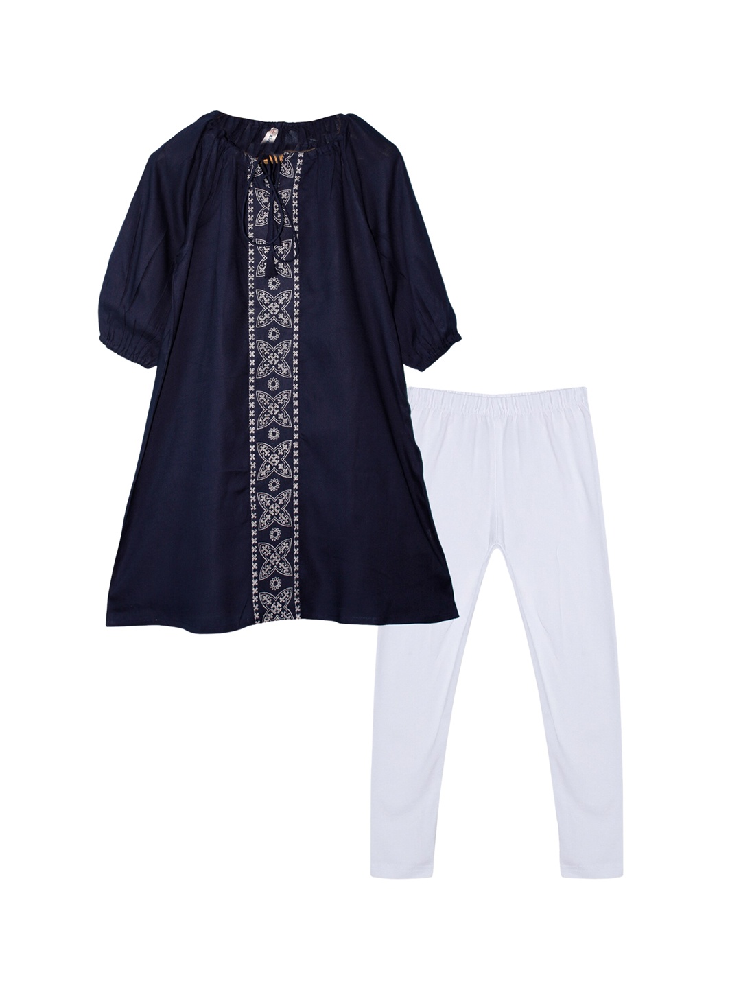 

KiddoPanti Girls Ethnic Motifs Embroidered A-Line Kurta & Leggings, Navy blue