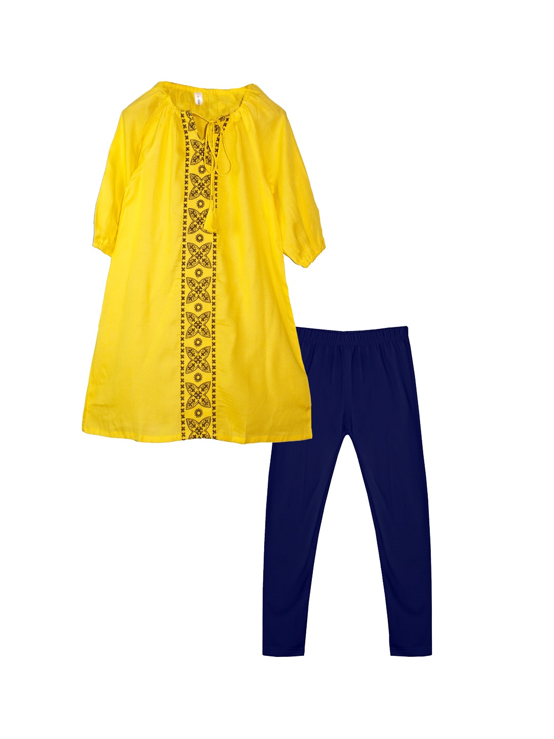 

KiddoPanti Girls Ethnic Motifs Embroidered A-Line Kurta & Leggings, Yellow