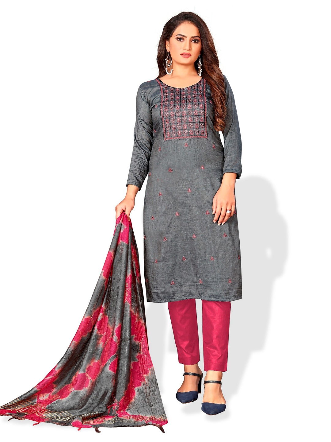 

APNISHA Grey & Pink Embroidered Unstitched Dress Material
