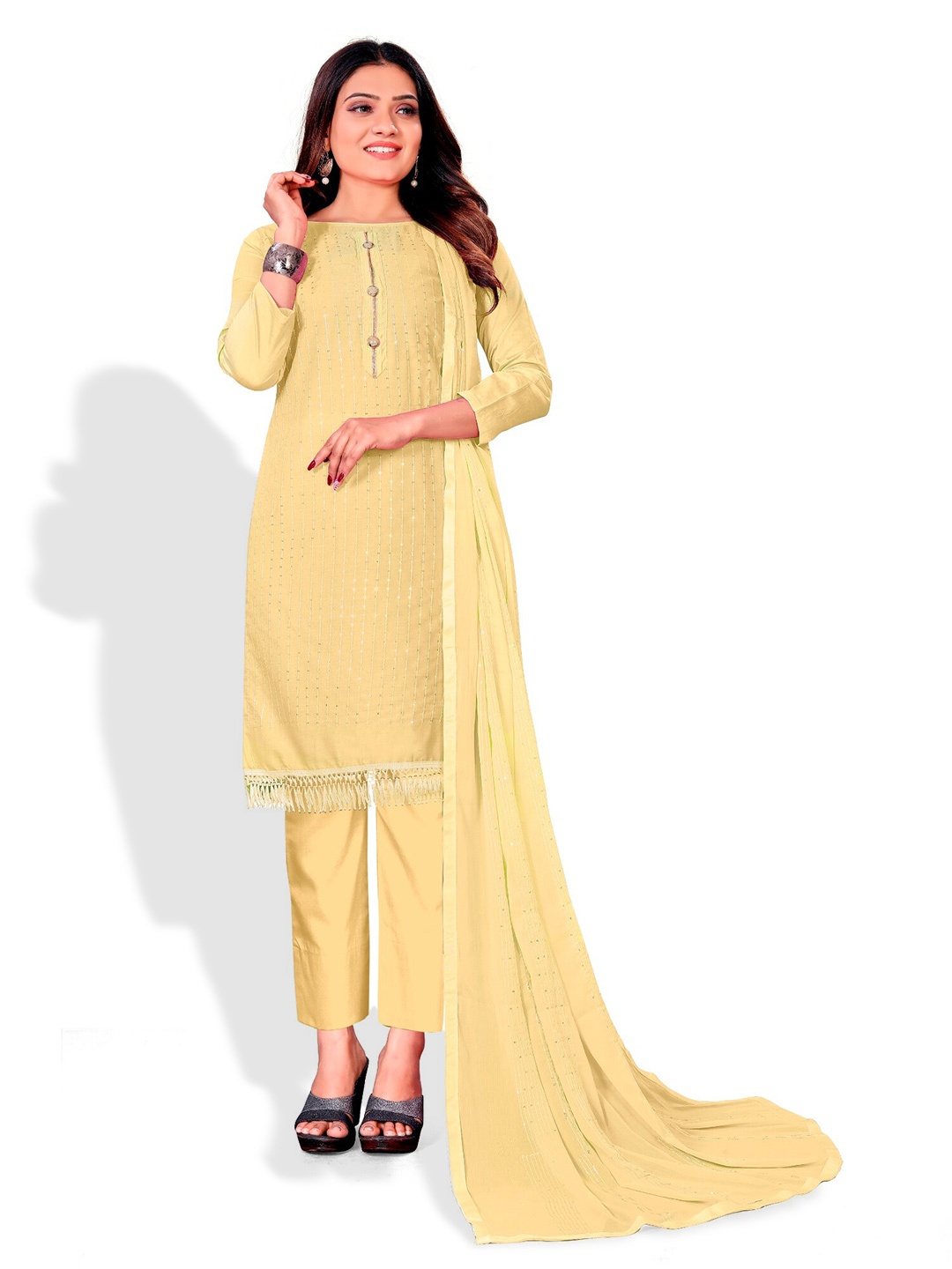 

APNISHA Yellow & Gold-Toned Embroidered Unstitched Dress Material