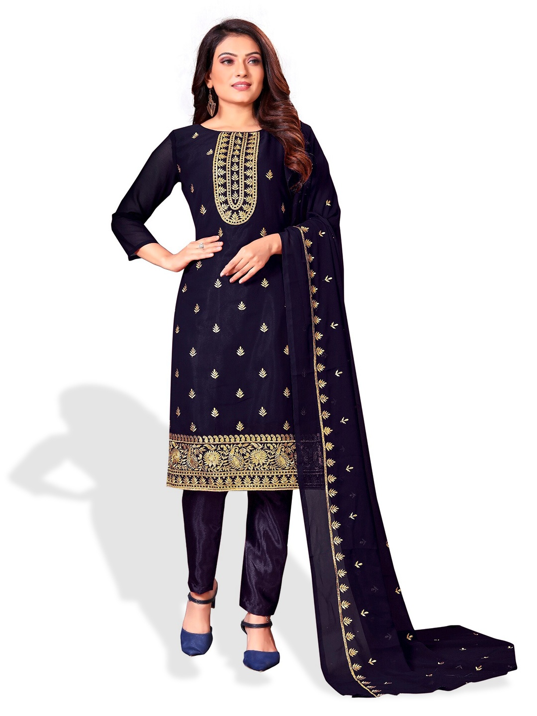 

APNISHA Black & Gold-Toned Embroidered Unstitched Dress Material