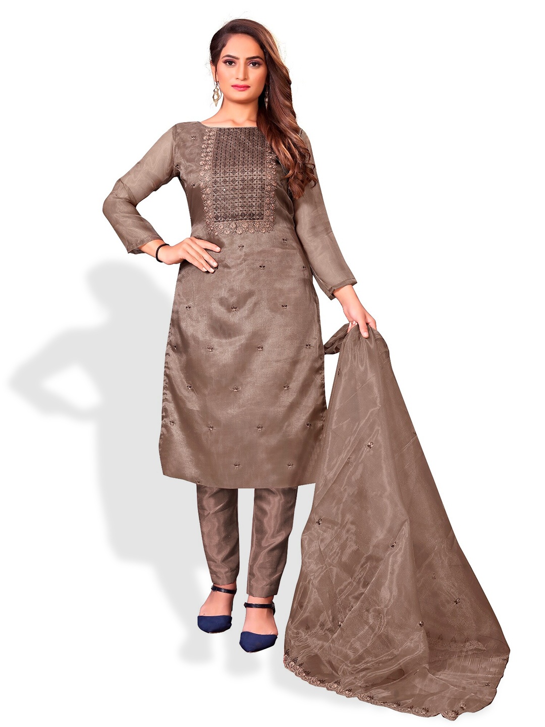 

APNISHA Grey Embroidered Organza Unstitched Dress Material